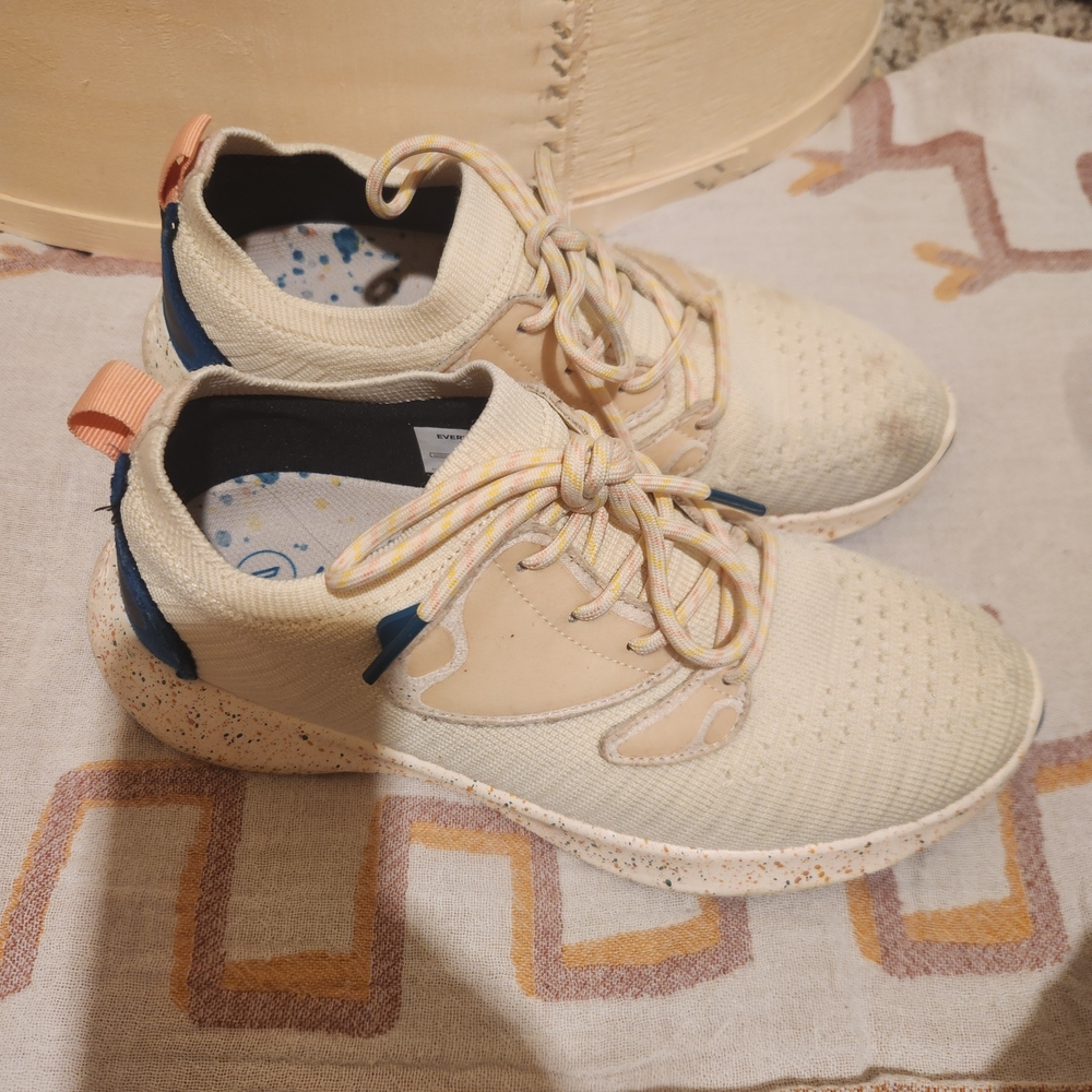 Vessi Cream and Blue Knit Sneakers